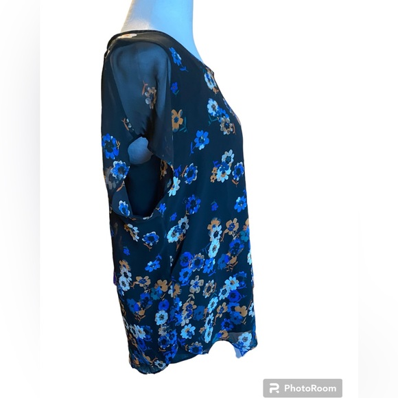 Calvin Klein Navy Floral Blouse Top Lined sheer sleeves Size M - Picture 3 of 7